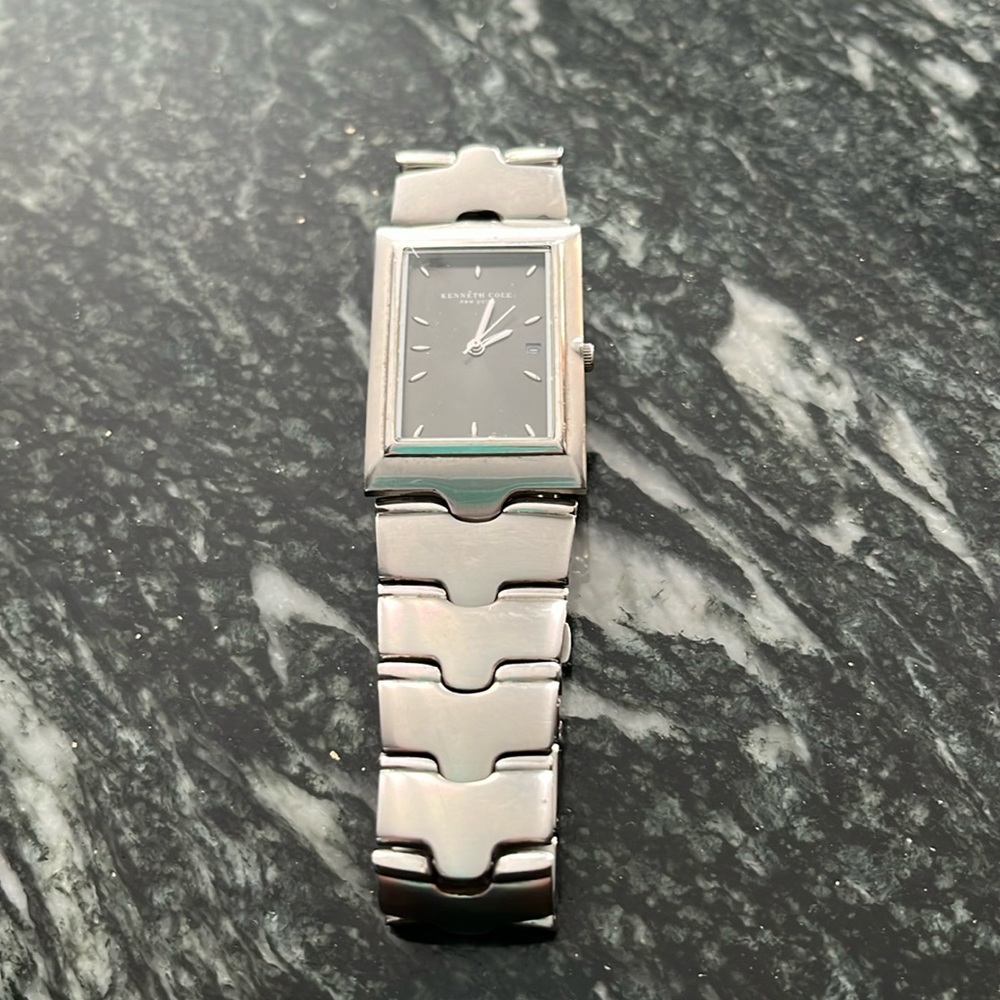 Kenneth Cole, watch for men, Silvertone, black rectangle dial